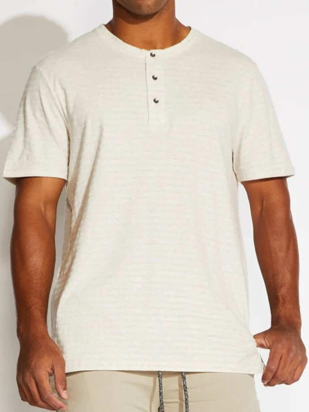Civil Society Heather Oatmeal Jacquard striped Jersey Henley Short Sleeve